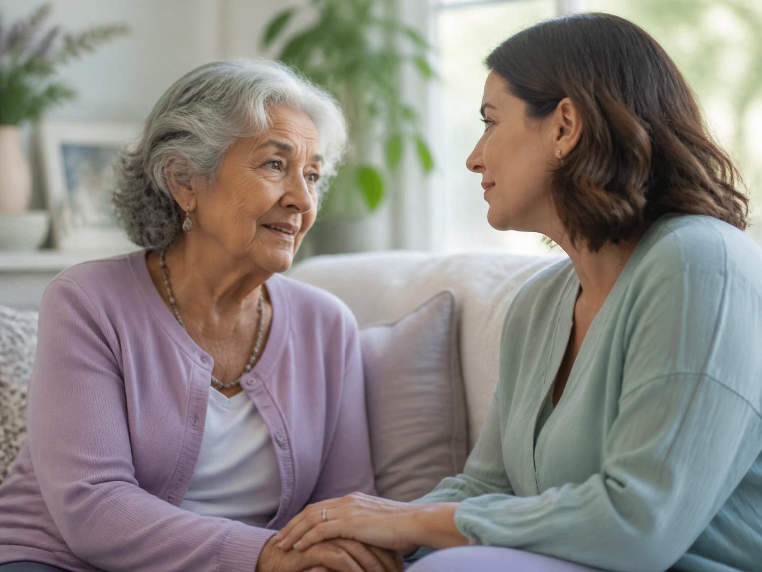 A daughter comforting her mother, who is living with memory loss